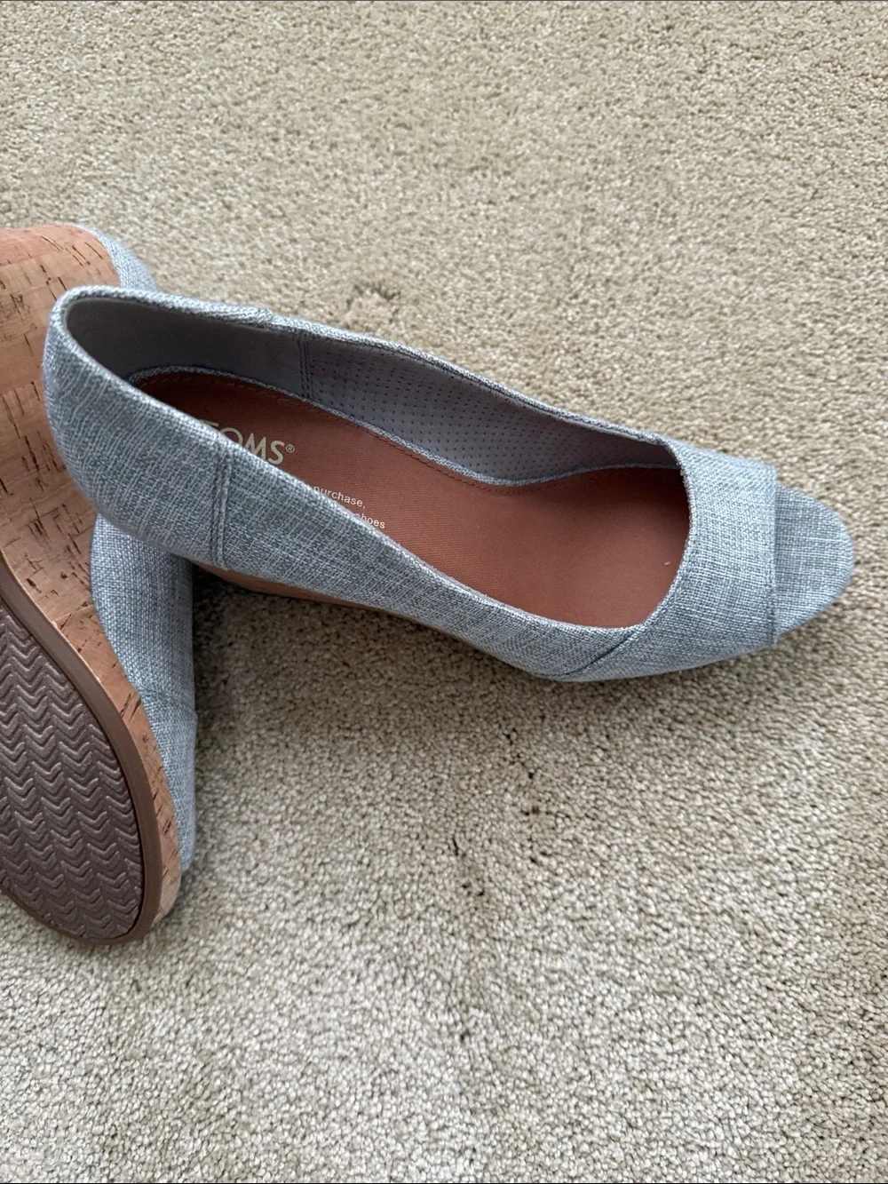 TOMS Light Denim Blue/grey Linen Peep-Toe Cork Wedge Heels